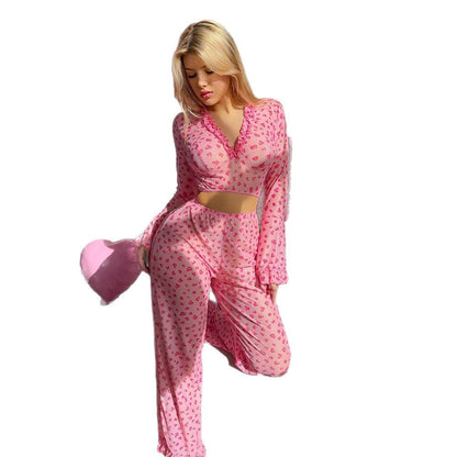 Women's 2 Piece Sheer Mesh Pajama Set Heart Print Deep V Neck Long Sleeve Sleepwear Pants Pjs Sets