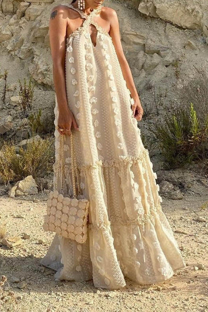 Maxikleid mit 3D-Blumenmuster und überkreuztem Neckholder