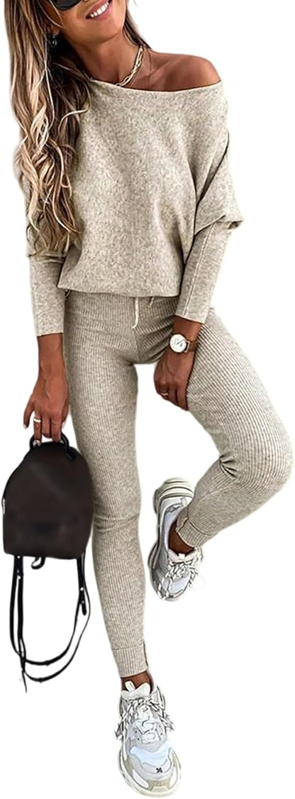 2-teiliges Lounge-Outfit 2025 Langarm-Strickpullover Oberteile Kordelzug-Hosen-Set Trainingsanzug Sweatsuit