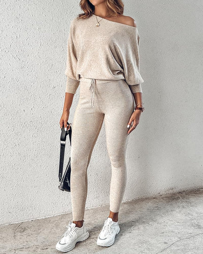 2-teiliges Lounge-Outfit 2025 Langarm-Strickpullover Oberteile Kordelzug-Hosen-Set Trainingsanzug Sweatsuit