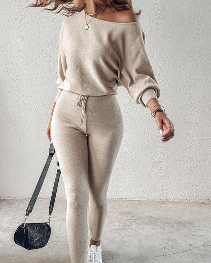 2-teiliges Lounge-Outfit 2025 Langarm-Strickpullover Oberteile Kordelzug-Hosen-Set Trainingsanzug Sweatsuit