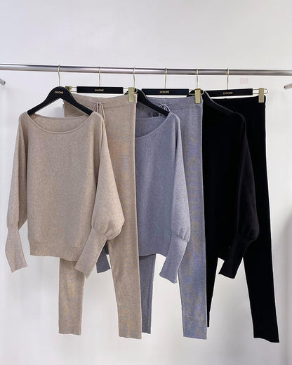 2-teiliges Lounge-Outfit 2025 Langarm-Strickpullover Oberteile Kordelzug-Hosen-Set Trainingsanzug Sweatsuit