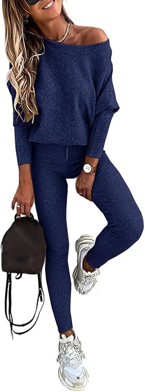 2-teiliges Lounge-Outfit 2025 Langarm-Strickpullover Oberteile Kordelzug-Hosen-Set Trainingsanzug Sweatsuit