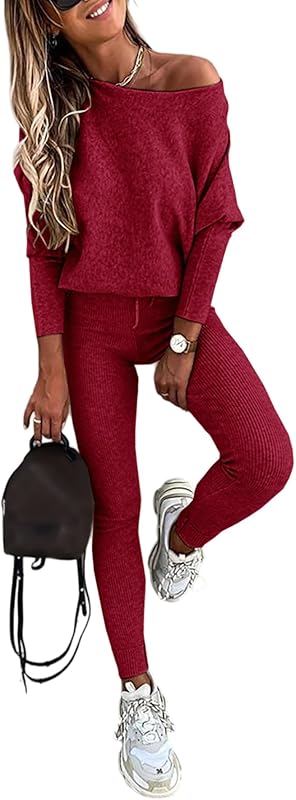 2-teiliges Lounge-Outfit 2025 Langarm-Strickpullover Oberteile Kordelzug-Hosen-Set Trainingsanzug Sweatsuit