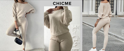 2-teiliges Lounge-Outfit 2025 Langarm-Strickpullover Oberteile Kordelzug-Hosen-Set Trainingsanzug Sweatsuit