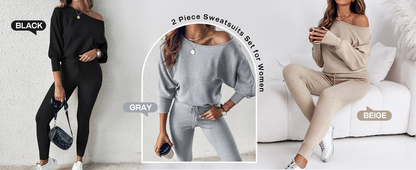 2-teiliges Lounge-Outfit 2025 Langarm-Strickpullover Oberteile Kordelzug-Hosen-Set Trainingsanzug Sweatsuit