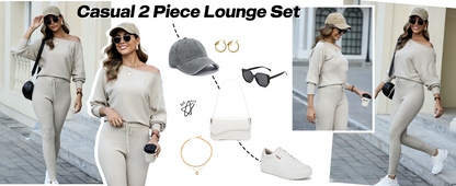 2-teiliges Lounge-Outfit 2025 Langarm-Strickpullover Oberteile Kordelzug-Hosen-Set Trainingsanzug Sweatsuit