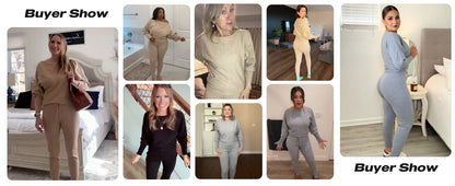 2-teiliges Lounge-Outfit 2025 Langarm-Strickpullover Oberteile Kordelzug-Hosen-Set Trainingsanzug Sweatsuit