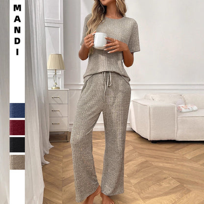Ensemble de pyjama 2 pièces pour femme, tenue de vacances d'été, pantalon large décontracté, pyjama côtelé en tricot 2025, pyjama côtelé, col rond, manches courtes, pantalon long, ensemble de vêtements d'intérieur 
