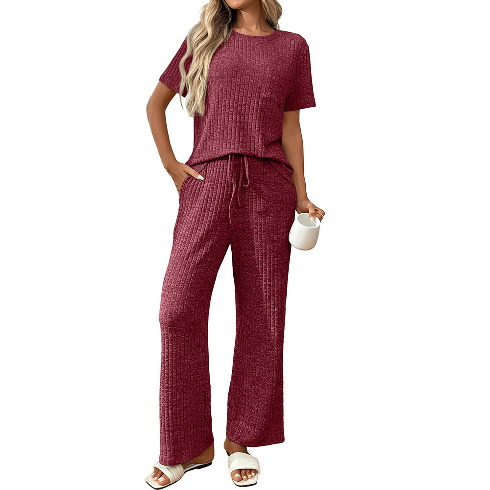 2 Piece Lounge Sets for Women Summer Vacation Outfits Matching Casual Wide Leg Pants Sets Ribbed Knit Pajamas 2025Ribbed Pajamas Round Neck Short Sleeve Long Pants Homewear Set - Seldom Seen Styles