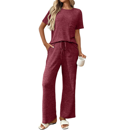Ensemble de pyjama 2 pièces pour femme, tenue de vacances d'été, pantalon large décontracté, pyjama côtelé en tricot 2025, pyjama côtelé, col rond, manches courtes, pantalon long, ensemble de vêtements d'intérieur 