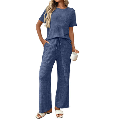 Ensemble de pyjama 2 pièces pour femme, tenue de vacances d'été, pantalon large décontracté, pyjama côtelé en tricot 2025, pyjama côtelé, col rond, manches courtes, pantalon long, ensemble de vêtements d'intérieur 