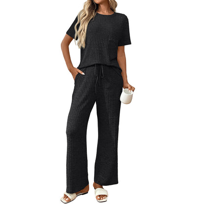 Ensemble de pyjama 2 pièces pour femme, tenue de vacances d'été, pantalon large décontracté, pyjama côtelé en tricot 2025, pyjama côtelé, col rond, manches courtes, pantalon long, ensemble de vêtements d'intérieur 