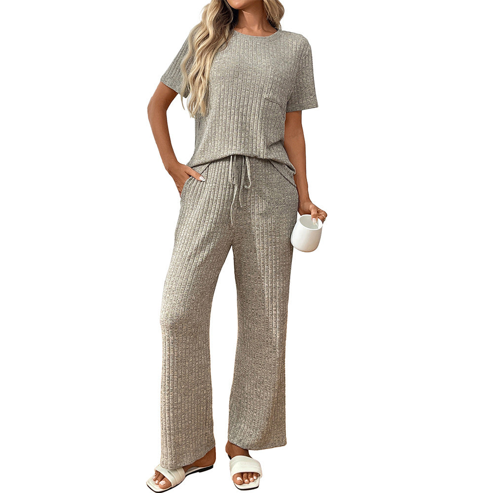2 Piece Lounge Sets for Women Summer Vacation Outfits Matching Casual Wide Leg Pants Sets Ribbed Knit Pajamas 2025Ribbed Pajamas Round Neck Short Sleeve Long Pants Homewear Set - Seldom Seen Styles