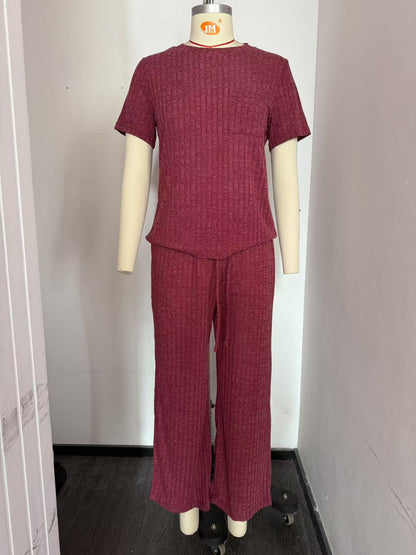 Ensemble de pyjama 2 pièces pour femme, tenue de vacances d'été, pantalon large décontracté, pyjama côtelé en tricot 2025, pyjama côtelé, col rond, manches courtes, pantalon long, ensemble de vêtements d'intérieur 
