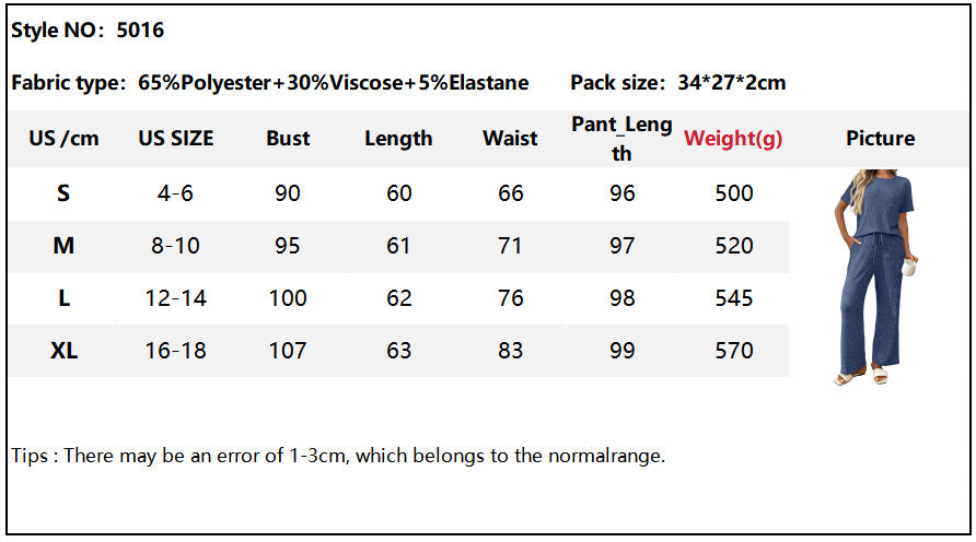 2 Piece Lounge Sets for Women Summer Vacation Outfits Matching Casual Wide Leg Pants Sets Ribbed Knit Pajamas 2025Ribbed Pajamas Round Neck Short Sleeve Long Pants Homewear Set - Seldom Seen Styles