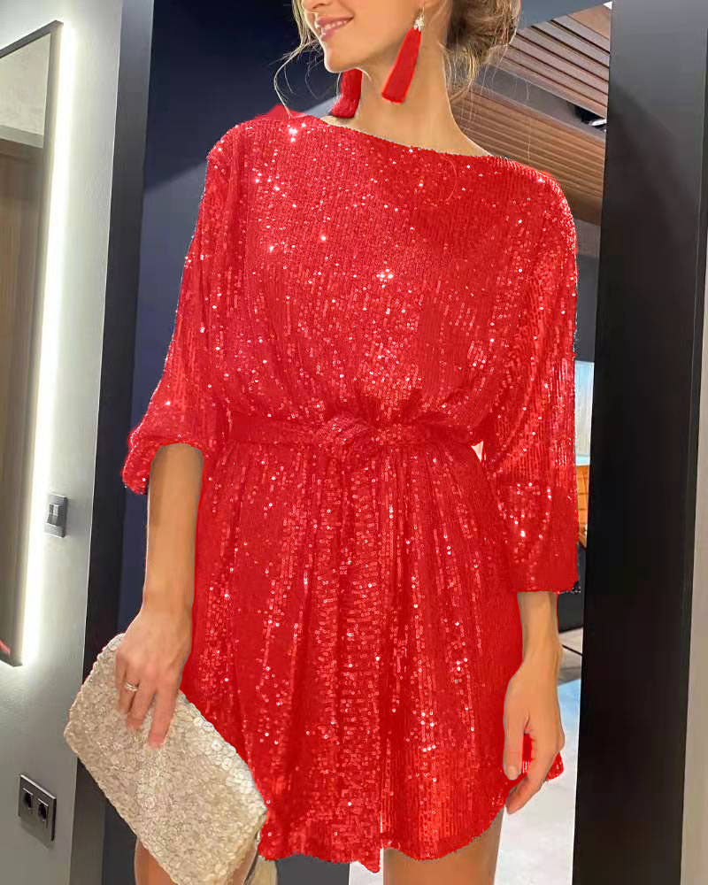 Elegant Sequin Party Dress for Women - Sparkling Long Sleeve, Round Neck with