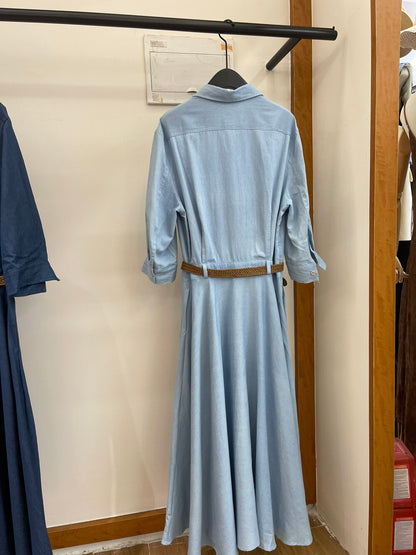 Women's Denim Short Sleeve Lapel Collar Gold Button Belted A-Line Maxi Dress Dual Chest Pockets with Free Braided Belt Dark Blue Light Blue S M Cotton Candy 288563