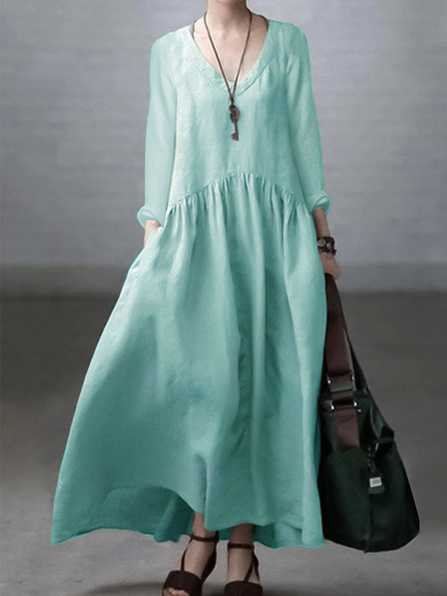 Simple and Loose V-neck Cotton and Linen Dress - Seldom Seen Styles