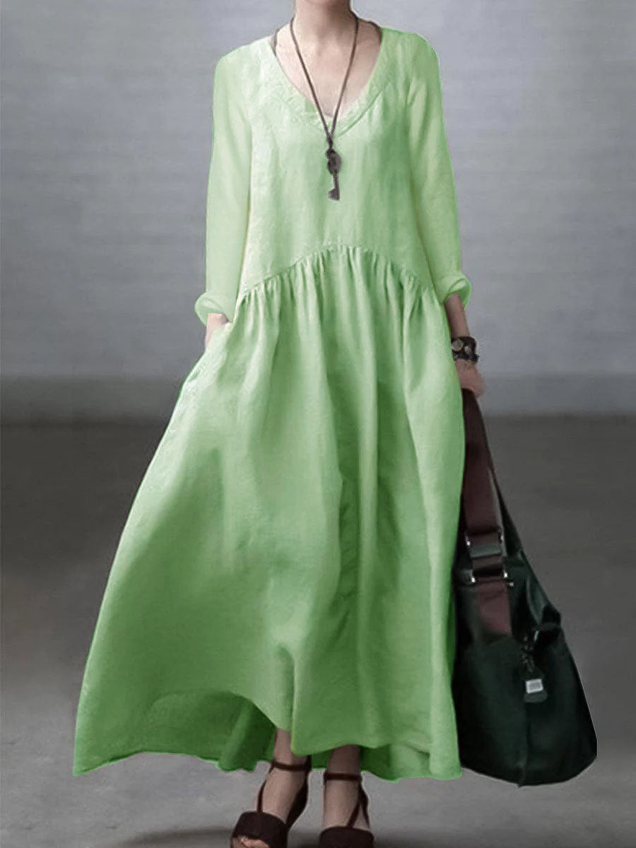Simple and Loose V-neck Cotton and Linen Dress - Seldom Seen Styles