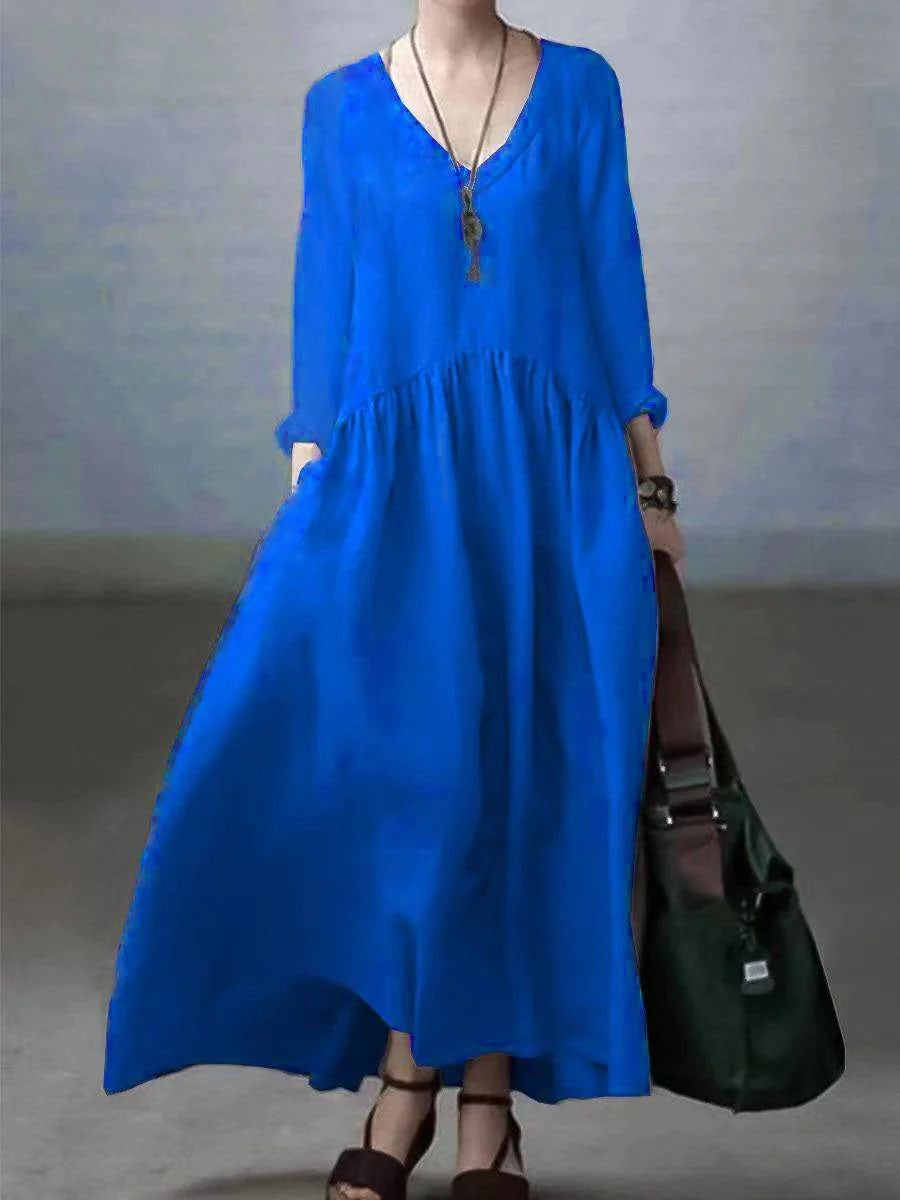 Simple and Loose V-neck Cotton and Linen Dress - Seldom Seen Styles