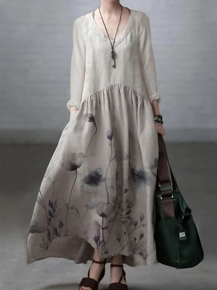 Simple and Loose V-neck Cotton and Linen Dress - Seldom Seen Styles