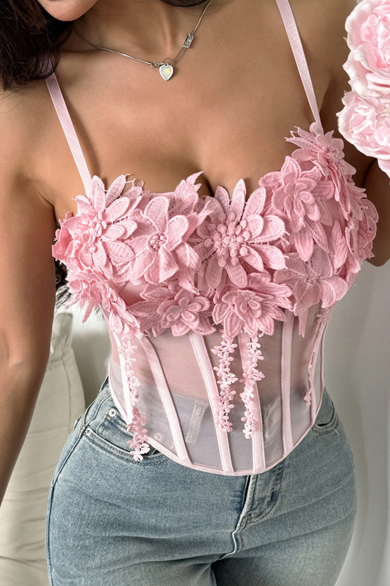Women's Pink Floral Lace Mesh Bustier Cami Top Sexy Spaghetti Strap Slim Fit Sleeveless Summer Going Out Party Date Night Top - Seldom Seen Styles