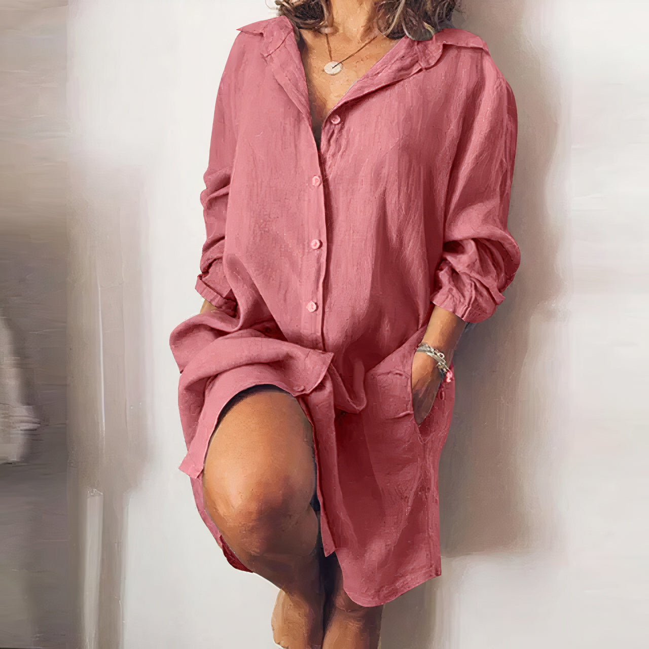 Loose Fit Cotton Linen Buttoned Midi Dress with Pockets - Elegant Long Sleeve Shirt Dress - Seldom Seen Styles