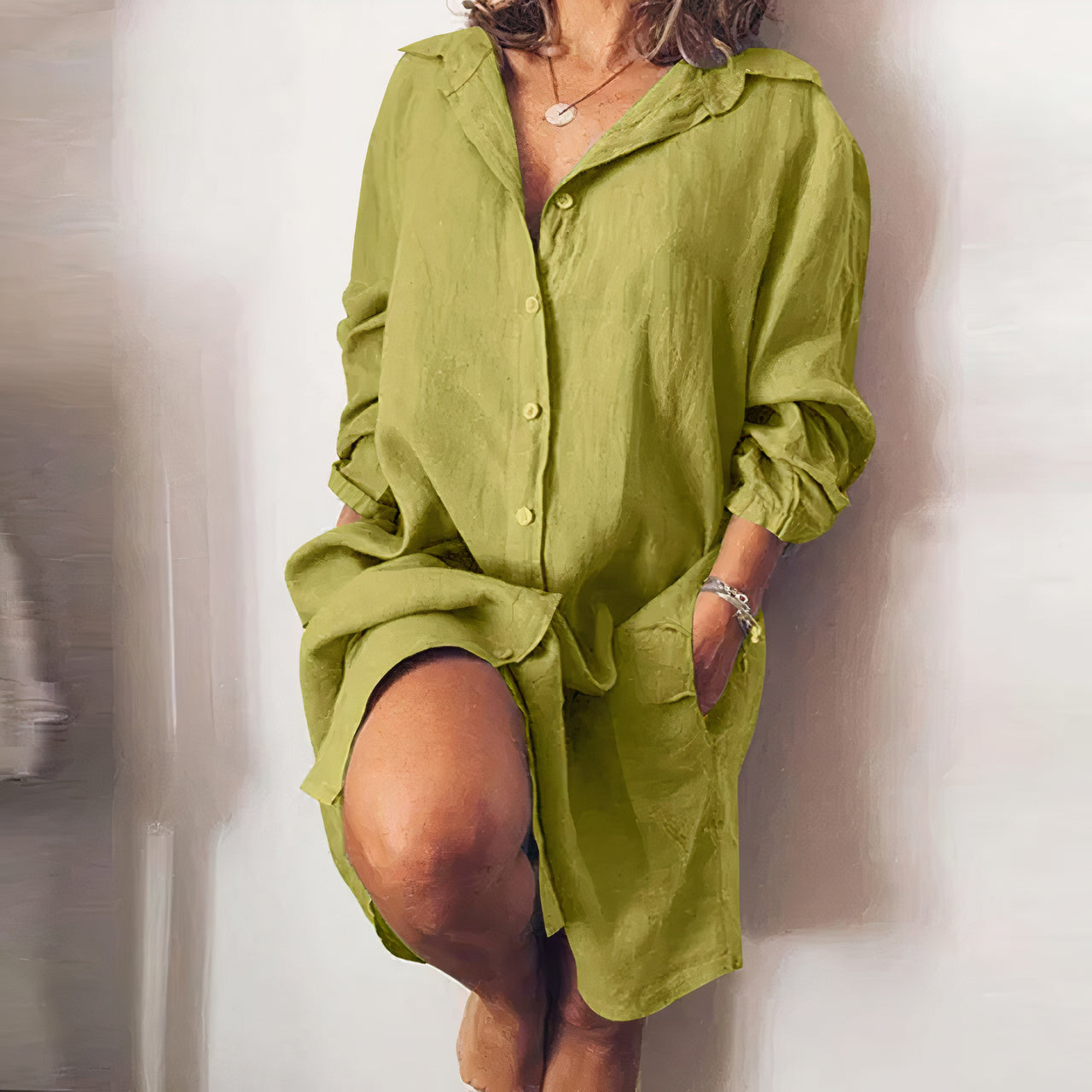 Loose Fit Cotton Linen Buttoned Midi Dress with Pockets - Elegant Long Sleeve Shirt Dress - Seldom Seen Styles