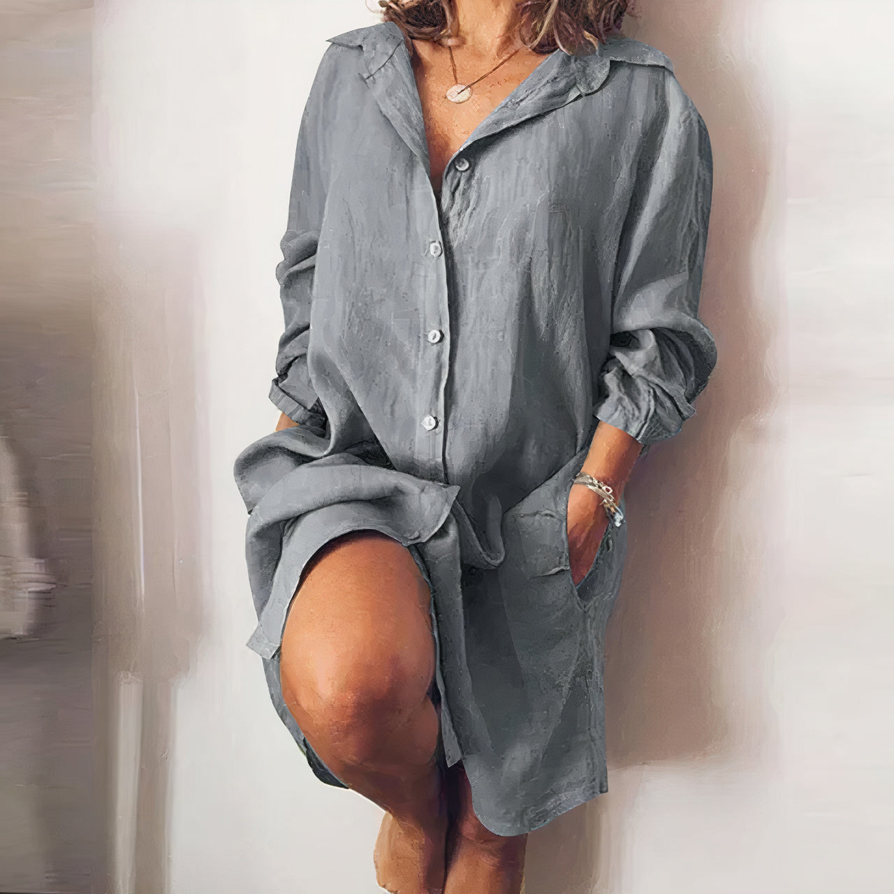 Loose Fit Cotton Linen Buttoned Midi Dress with Pockets - Elegant Long Sleeve Shirt Dress - Seldom Seen Styles