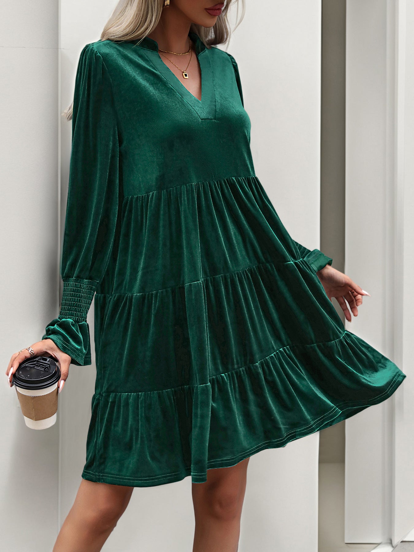 2024 Women’s Elegant Velvet Long Sleeve Dress Casual Fall V Neck A Line Babydoll Flowy Formal Wedding Party Mini Dress - Seldom Seen Styles