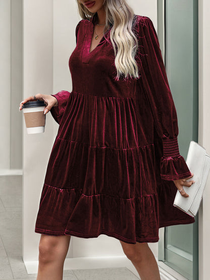 2024 Women’s Elegant Velvet Long Sleeve Dress Casual Fall V Neck A Line Babydoll Flowy Formal Wedding Party Mini Dress - Seldom Seen Styles