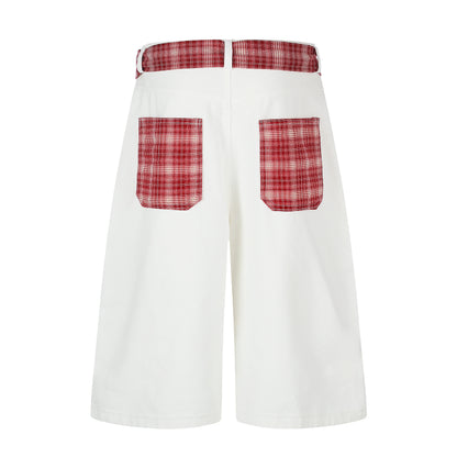 Women's Cute Embroidery Plaid Tie Wide Leg Denim Shorts High Waist Cherry Cat Bow Casual Sweet Streetwear Jean Shorts