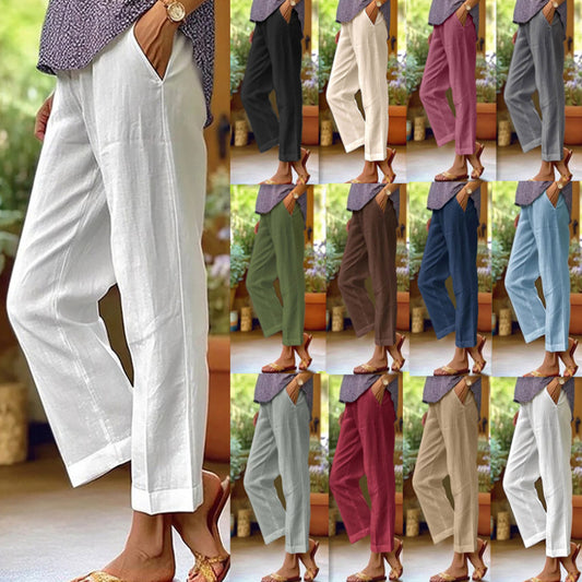 2024Cross-Border Amazon wish Independent Station Women's Cotton Linen Loose Solid Color Elastic Waist Pocket Straight Casual Pants - Seldom Seen Styles