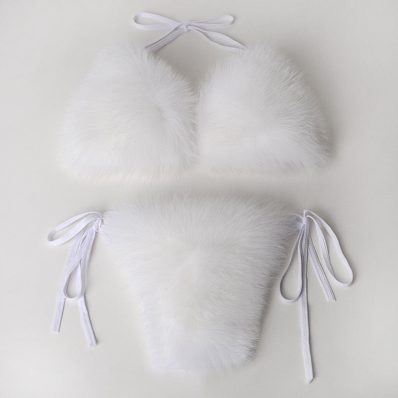 Women's Faux Fur Halter String Triangle Bikini Sets Two Piece Swimsuits - Seldom Seen Styles