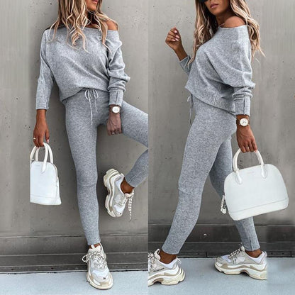 2025 FW ChicMe Damen 2-teiliges Lounge-Outfit Langarm-Pullover Oberteile Kordelzug High Waist Hose Set Trainingsanzug Rundhals Vor-Herbst Sweathosen-Sets