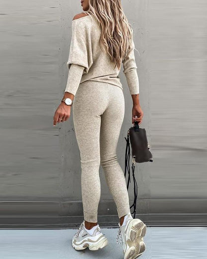 2025 FW ChicMe Damen 2-teiliges Lounge-Outfit Langarm-Pullover Oberteile Kordelzug High Waist Hose Set Trainingsanzug Rundhals Vor-Herbst Sweathosen-Sets