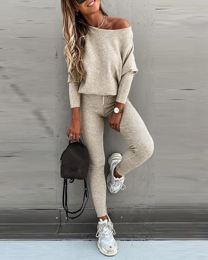 2025 FW ChicMe Damen 2-teiliges Lounge-Outfit Langarm-Pullover Oberteile Kordelzug High Waist Hose Set Trainingsanzug Rundhals Vor-Herbst Sweathosen-Sets