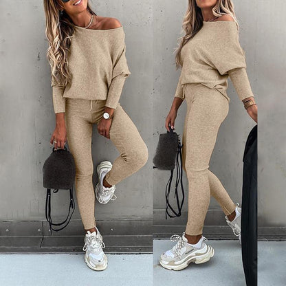 2025 FW ChicMe Damen 2-teiliges Lounge-Outfit Langarm-Pullover Oberteile Kordelzug High Waist Hose Set Trainingsanzug Rundhals Vor-Herbst Sweathosen-Sets