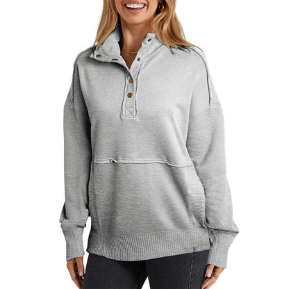 2025 Women's Fall Pullover Mockneck Button Down Ribbed Fit Lightweight Cozy Oversized Long Sleeve Sweatshirt Kangaroo Pocket for Everyday Wear