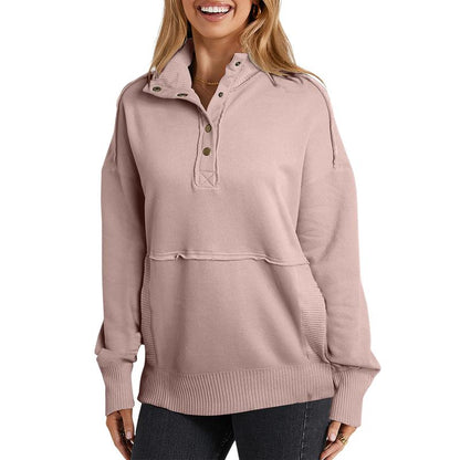 2025 Women's Fall Pullover Mockneck Button Down Ribbed Fit Lightweight Cozy Oversized Long Sleeve Sweatshirt Kangaroo Pocket for Everyday Wear