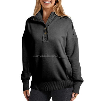 2025 Women's Fall Pullover Mockneck Button Down Ribbed Fit Lightweight Cozy Oversized Long Sleeve Sweatshirt Kangaroo Pocket for Everyday Wear