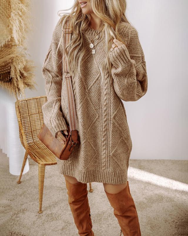 2025 Women's Round Neck Long Sleeve Sweater Dress Casual Loose Fit Cable Knit Pullover Mini Dress - Seldom Seen Styles