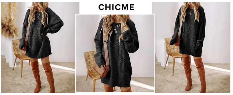 2025 Women's Round Neck Long Sleeve Sweater Dress Casual Loose Fit Cable Knit Pullover Mini Dress - Seldom Seen Styles