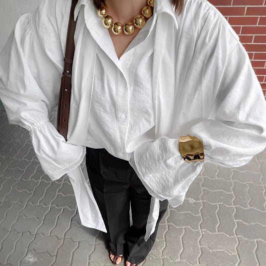 2025 autumn and winter new design sense commuter loose streamer shirt French design sense white horn sleeve top women - Seldom Seen Styles