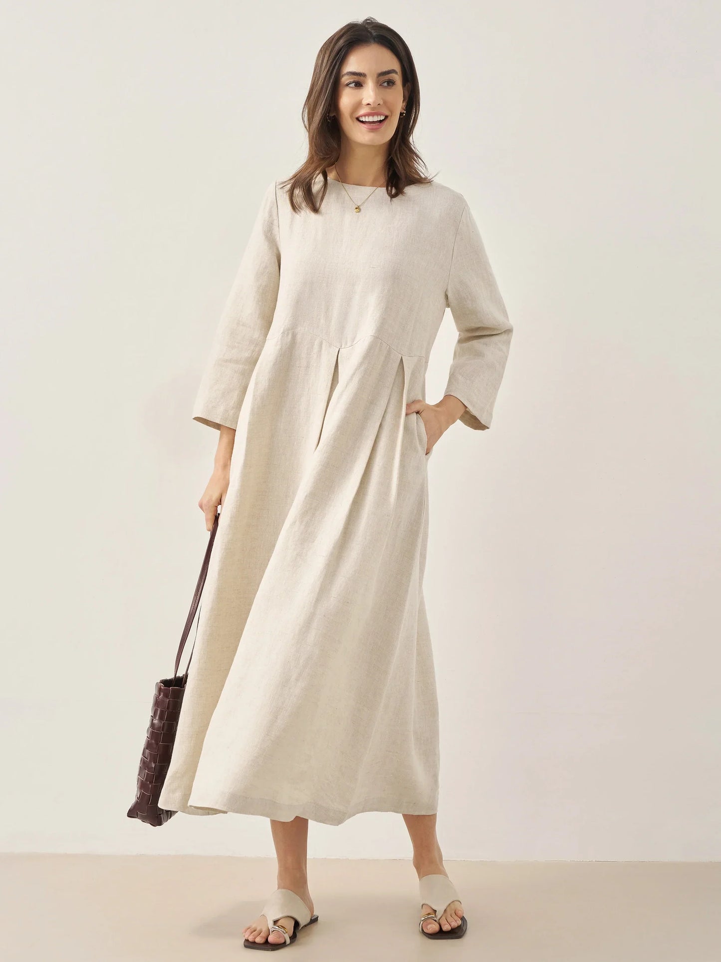 100% Linen Bateau Neck Pleated Maxi Dress ABIGAIL - Seldom Seen Styles