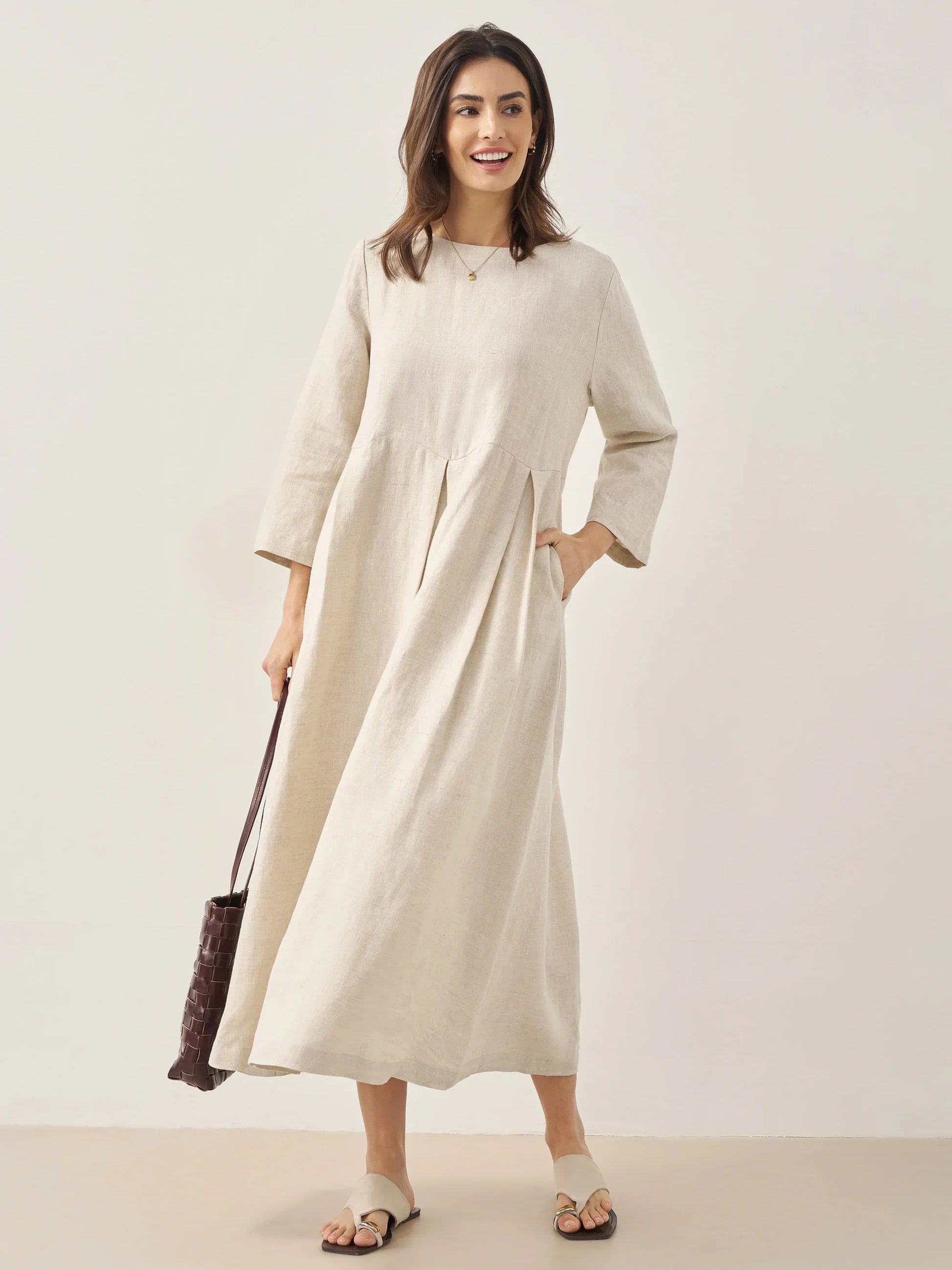 100% Linen Bateau Neck Pleated Maxi Dress ABIGAIL - Seldom Seen Styles