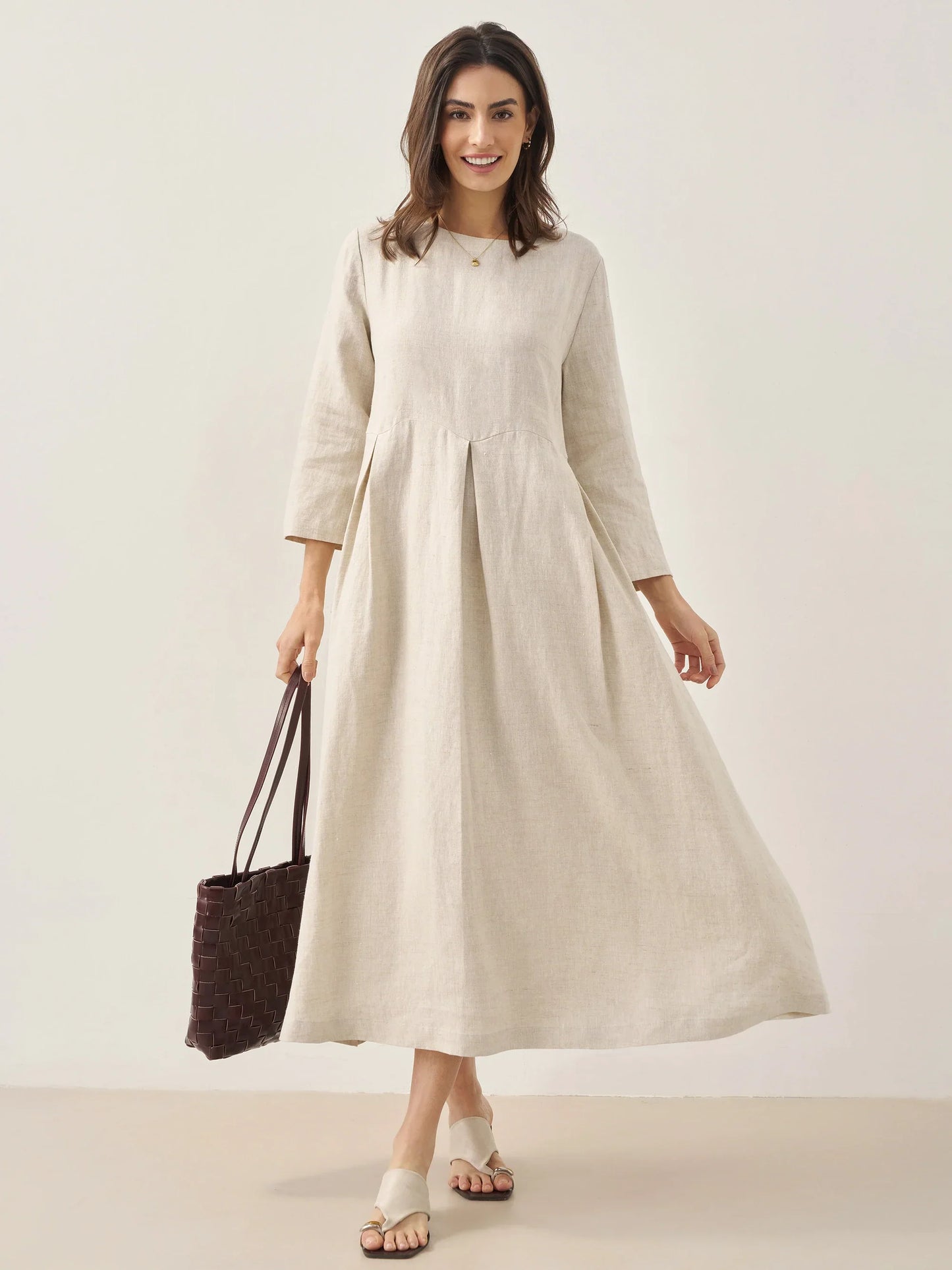 100% Linen Bateau Neck Pleated Maxi Dress ABIGAIL - Seldom Seen Styles
