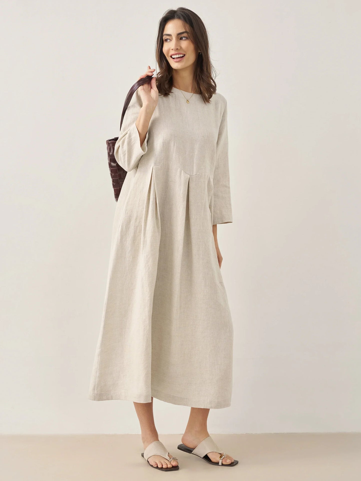 100% Linen Bateau Neck Pleated Maxi Dress ABIGAIL - Seldom Seen Styles