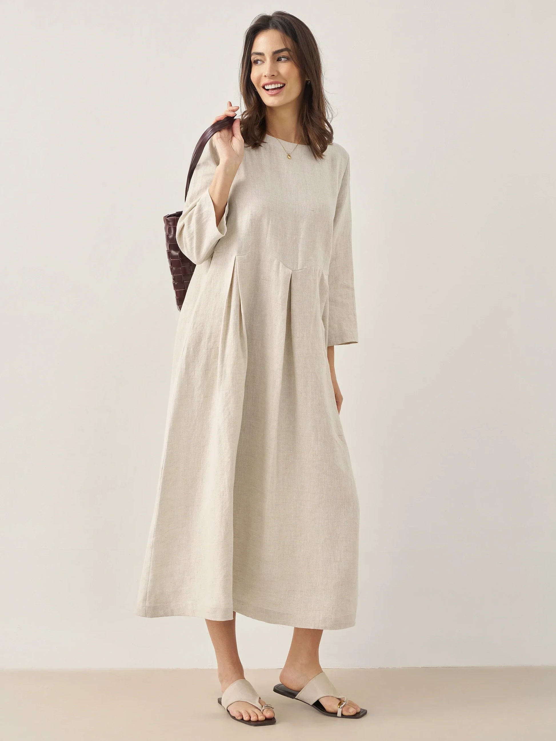100% Linen Bateau Neck Pleated Maxi Dress ABIGAIL - Seldom Seen Styles